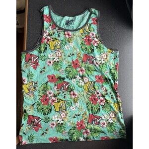 MTV Turquoise Tank Top 2019 All Over Floral Tropical Print Medium Muscle Shirt